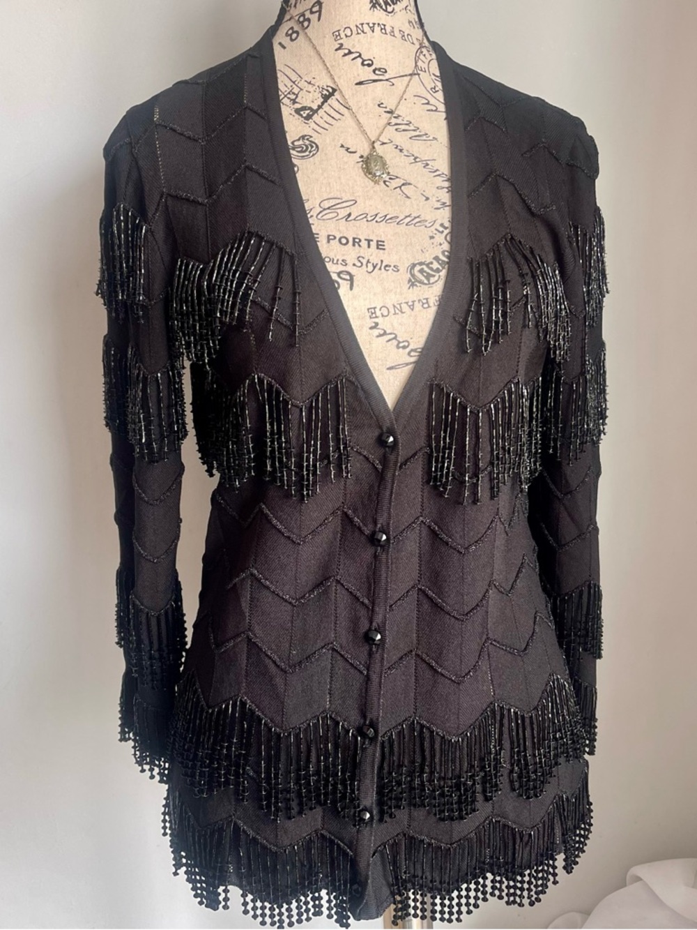 Escada Black Knit Top with Beaded Chevron Stitch Detail